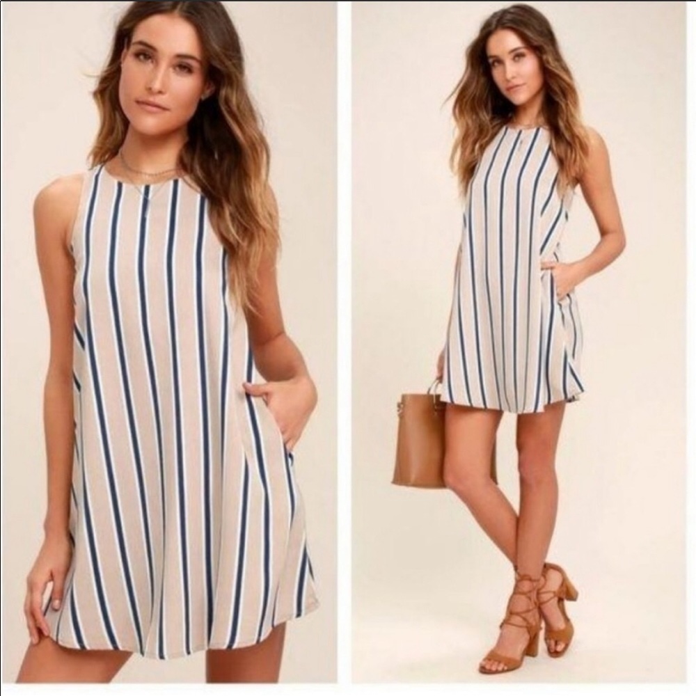 Lulu’s Broad Horizons Beige Striped Mini Dress XS